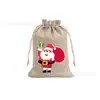Venda Direta de Fábrica Sacos de Presente de Juta de Natal em Estoque com Padrões de Desenho Animado, Sacos de Presente de Linho com Cordão, Sacos de Cordão de Natal
