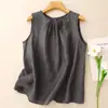Chaleco sin mangas de color liso de estilo artístico para mujer, top fino de algodón y lino de verano, holgado, adelgazante, blusa de algodón y lino