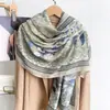 Bufanda larga de algodón y lino floral estilo vintage JM para mujer, bufanda con estampado de borde, chal protector solar para salidas de primavera y verano