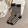 Meias de Lã com Listras Coloridas Estilo Japonês para Mulheres, Meias de Cano Médio para Outono e Inverno, Forradas com Fleece, Espessadas, Quentes, Confortáveis, Meias Largas Estilo College