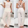 Pijama feminino sexy vazado estilo europeu e americano, novo para primavera e verão, alta qualidade, padrão com textura de renda, roupa de casa