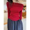 Suéter vermelho ombro a ombro para mulheres, primavera e outono, de alta qualidade, um ombro só, justo ao corpo, de tricô, blusa de manga comprida