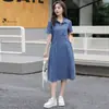 Vestido Jeans Fino 2025 Verão Novo Feminino Manga Curta Casual Redutor de Idade Tamanho Grande Saia Midi Cor da Foto