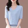 Camiseta Fina de Seda de Morera de Punto de Seda Helada con Cuello en V de Manga Corta, Estilo Nuevo 2026 para Mujer, Corte Holgado, Adelgazante, Top para Mamá