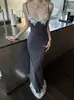 Vestido largo sexy de encaje con tirantes estilo europeo y americano, sin espalda, con lazo en la cintura, vestido de cola de pez, corte ajustado, vestido bodycon, poliéster