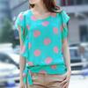 Leche de Papaya Verano Nuevo Top Estilo Coreano Suelto Lunares Cuello Redondo Jersey Manga Corta Ajustado con Cordones Camisa de Gasa para Mujer