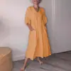 Vestido informal de algodón y lino con escote en V profundo, plisado, color liso y bolsillos, para mujer, de Amazon Independent Station, para otoño, transfronterizo europeo y americano.