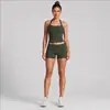 Conjunto de roupa fitness feminina transfronteiriço com lindo top esportivo de costas com amarração no pescoço, conjunto de shorts de secagem rápida para corrida ao ar livre, ciclismo e yoga