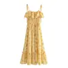 Vestido de Verão Feminino Novo Estilo Europeu e Americano com Estampa de Limão Xadrez e Alça com Babados 7201