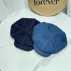 Estilo Japonés Simple Edición Grande Boina de Mezclilla para Mujer Retro Casual Gorra de Periodista Pintor Mostrando la Cara Nubes Pequeñas Gorra Octogonal Moderna