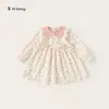 Ropa para Niños Bangxuan Vestido para Niñas Primavera y Otoño Nuevo Vestido de Manga Larga Floral con Cuello de Bloques de Color para Niños Pequeños Estilo Bosque Vestido Largo para Bebé