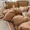 Conjunto de Roupa de Cama de Quatro Peças Estilo Renda Francesa 100% Algodão Classe A Estilo Coreano Capa de Edredom de Algodão Puro Lençol de Cima Lençol com Elástico Dormitório Três Peças
