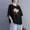 Camiseta de Manga Curta Estilo Chinês Novo para Comércio Exterior Transfronteiriço, Blusa Solta Plus Size para Mulheres Curvilíneas, Esconde a Barriga, Efeito Emagrecedor