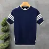 Uau, Camiseta de Verão Personalizada, Moda Casual de Manga Curta, Listras Simples Color-Blocking, Top de Tricô Masculino de Manga Curta com Gola Redonda
