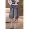 Shorts de mezclilla azules retro de talla grande con línea A para mujer, shorts de verano de cintura alta adelgazantes rectos de pierna ancha de largo medio para mujeres con curvas