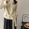 Tricô Coreano Outono Inverno 2026 com Gola Alta, Cadarço, para Mulheres, Costurado, Solto, Modelador, Top Cardigan, Estilo Preguiçoso