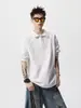 Sudadera Gris con Cuello Polo Desestructurado Americano, Marca de Tendencia para Hombre, Otoño, Holgada, Casual, para Pareja, Manga Larga