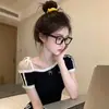 Camiseta retro de manga corta con hombros descubiertos estilo coreano para mujer, top corto de verano de alta gama con bloques de color, corte ajustado