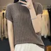 Gola redonda com trança cor sólida diamante suéter T-shirt solto casual para o trabalho lã penteada fina feminina malha meia manga