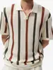 Polo de Manga Corta con Malla Calada Estilo Coreano con Rayas de Contraste para Hombre Verano Moderno Diseño Holgado Casual Tops de Punto