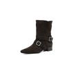 Fivela de Cinto Estilo Preguiçoso Francês Camurça de Vaca Botas Western Outono e Inverno 2025 Salto Médio Grosso Bico Quadrado Pequeno Botas Curtas de Couro Genuíno para Mulheres