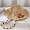 Sombrero de Paja con Cuentas de Madera de Colores Estilo Hyuna para Mujer, Sombrero de Pescador Dulce Versión Coreana, Sombrero de Protección Solar para Vacaciones de Verano en la Playa, Sombrero de Pescador de Ganchillo