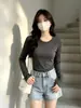 Camiseta feminina de manga longa com ombros retos, feita de tecido térmico, para outono e inverno, corte justo, moderna, quente, camiseta básica simples de gola redonda para meninas