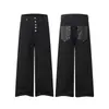 Calça Jeans Wide-Leg Masculina com Bolsos em Couro Patchwork Decorados com Botões, Novo Estilo Primavera, Estilo Minimalista de Alto Padrão, Calça Longa Casual Solta para Mulheres