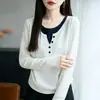 Lã Fina 2025 Outono e Inverno Novo Feminino Solto Gola Redonda Falso Duas Peças Cor Contrastante Lateral Cordão Pulôver Peça de Baixo Malha