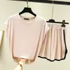 Novo conjunto de pijama casual de algodão modal fino para o verão para mulheres, estilo coreano de manga curta e shorts, conjunto de duas peças.