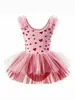 Vestido de ballet infantil con estampado digital de corazones, mangas abullonadas pequeñas, lazo y tutú de malla, vestido de una pieza de danza infantil