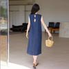 Foto Real de Vestido Retro de Mezclilla de Cuello Redondo Estilo Coreano Verano sin Mangas Suelto Ajustado Falda Larga de Mezclilla para Mujer