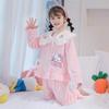 Novo Outono e Inverno Meninas Espesso Pelúcia Crianças Gola de Boneca Estilo Princesa Coral Fleece Desenho Animado Conjunto de Roupa de Casa