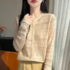 Cardigã de tricô vazado com gola redonda estilo lady para mulheres, fino, amigável à pele, botões, camada externa, modelador, versátil, blusa para cobrir, proteção solar