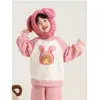 Wuli Bu un Conjunto para Niños Invierno Nuevo Estilo Más Terciopelo Engrosado Cálido Sudadera con Capucha de Animal Pantalones Deportivos Versátiles para Niña Pequeña