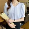 Camisa estilo francés para mujer, cuello en V, manga corta, estilo japonés, holgada, de verano, combinable, de satén, informal.