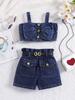 Roupa Transfronteiriça Europeia e Americana para Crianças Conjunto para Menina: Top com Gola Quadrada e Manga Bufante com Estampa Fragmentada, Saia Plissada, Jeans com Múltiplos Botões