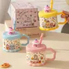 Taza de cerámica de cachorro lindo con tapa y cuchara, regalo de cumpleaños para niños, niñas, parejas, taza de desayuno al por mayor