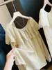 Camisa feminina de renda estilo francês com babados emendados, ombro a ombro, manga longa, novo modelo de outono com mangas bufantes, top babydoll jovem e versátil