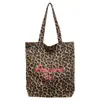 Bolsa Tote Estampa de Leopardo Retro Estampa de Letras Grande Capacidade Lona de Mão Ombro Estilo Preguiçoso Para Ir ao Trabalho Compras
