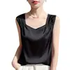 Camisola Nueva de Satén Sedoso con Cuello de Pedrería Color Sólido sin Mangas de Manga Larga para Mujer