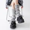 Meias com Punho para Mulheres no Outono e Inverno Meias de Tricô Brancas para Panturrilha Espessadas e Quentes Sexy Y2K Etiqueta de Metal Coberturas de Perna Amontoadas