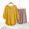Algodón Transpirable Holgado Casual Ropa de Casa Verano Delgado Talla Grande Mangas de Murciélago Holgadas para Mujer Cuello en V Shorts Conjunto de Dos Piezas