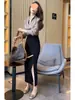 Traje de Moda Elegante de Gama Alta Camisa de Satén con Cuello en V Manga Larga para Mujer Falda Larga con Abertura de Cintura Alta Conjunto de Dos Piezas
