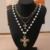 Tendencia de Moda Transfronteriza Elegante Collar de Cruz Multicapa de Perlas de Imitación Adecuado para que las Mujeres lo Usen en Fiestas y Banquetes