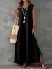 Amazon 2026 Verão Vestidos Europeus e Americanos Roupas Femininas Transfronteiriças Vestido Longo Elegante Sem Mangas Decote V Fenda Lateral