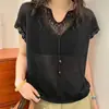 Novo top feminino de linho com pérolas, gola V, detalhes vazados, manga curta, soltinho, moda de verão