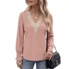 Amazon Comercio Exterior Transfronterizo Europeo y Americano 2026 Otoño e Invierno Nuevo Color Sólido Cuello en V Encaje Patchwork Holgado Manga Larga Camiseta Top