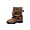 Chica Fresca Dulce~2026 Botas Estilo Milenial Tacón Grueso Hebilla Puño de Pierna Botas Vaqueras Color Sólido Botines Mujer