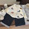 Roupas infantis coreanas 2024 novo outono meninas desenho animado suéter de malha cardigan crianças bolinhas calças de perna larga conjunto de duas peças